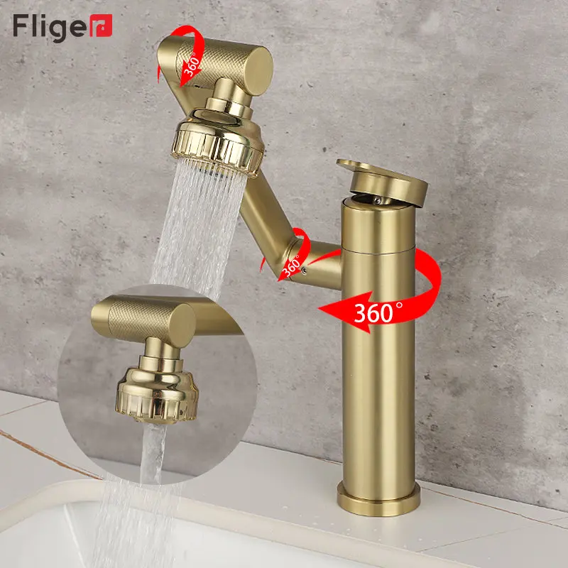 Fliger Black Gold Bathroom Sink Faucet Basin Faucet Hot Cold Water Sink Mixer Tap Bathroom Faucet 360 Degree Sink Mixer Tap