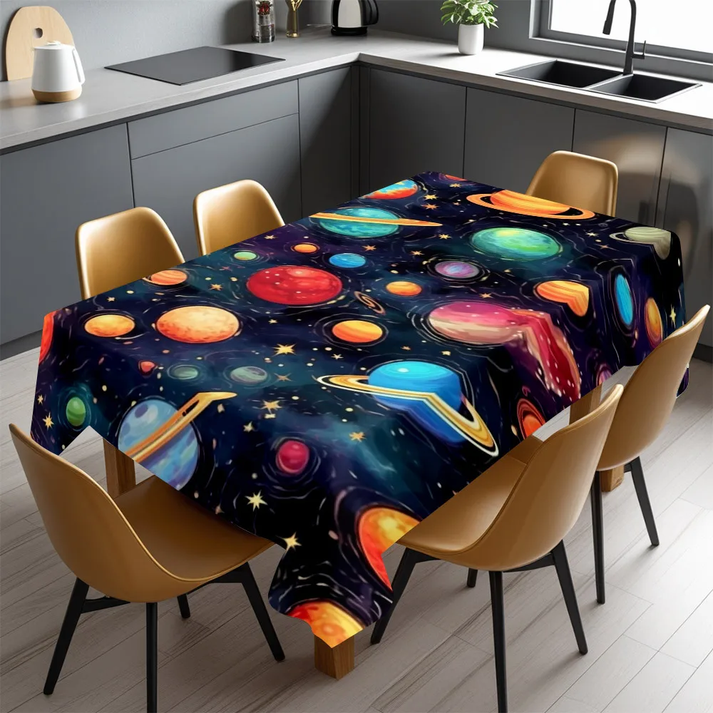 Outer Space Planet Galaxy Tablecloth Colorful Nebula Star Waterproof Table Cover for Kids Party Decor