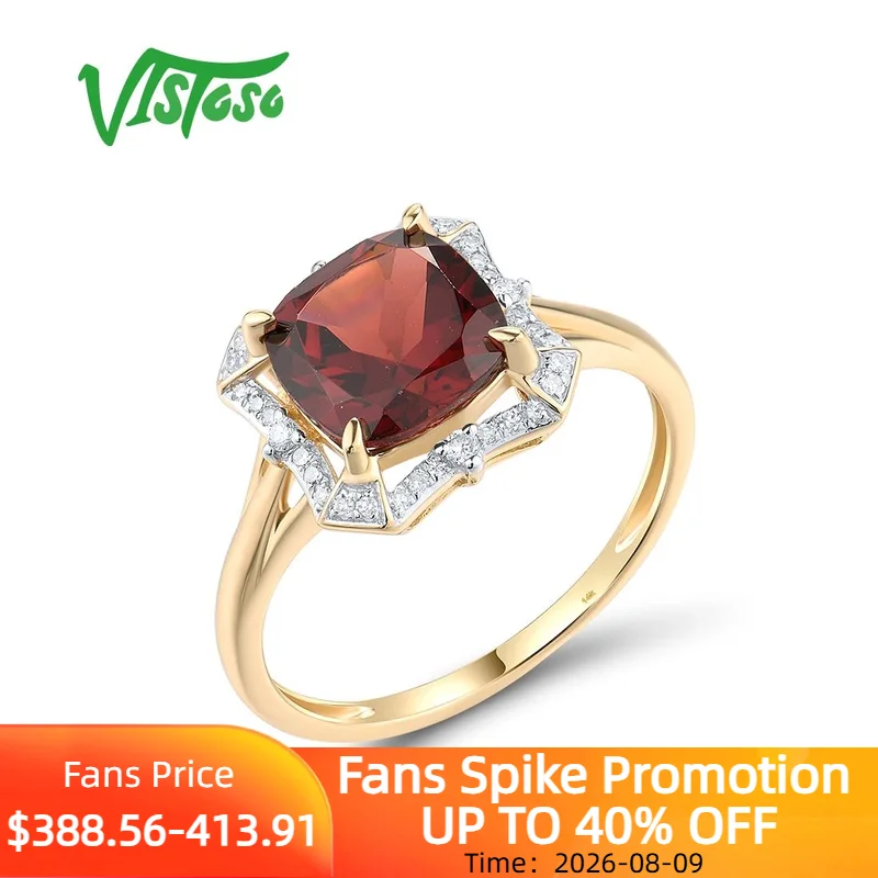 VISTOSO Pure 14K 585 Yellow Gold Ring For Women Sparkling Garnet Diamond Solitaire Gorgeous Wedding Anniversary Fine Jewelry