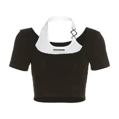 Y2k Pink Spliced Crop Top Women Sexy Halter Neck Short Sleeve T-shirt Sweet Spicy Slim Fit Cut Out Streetwear Hong Style