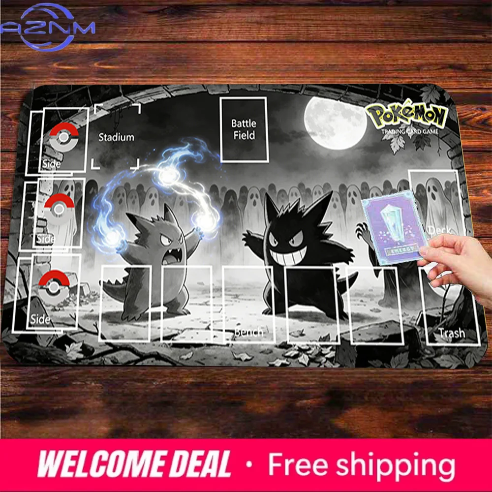 Pokemon Gengar Battle Black & White TCG Playmat with Zones, Non-Slip Trading Card Game Mat