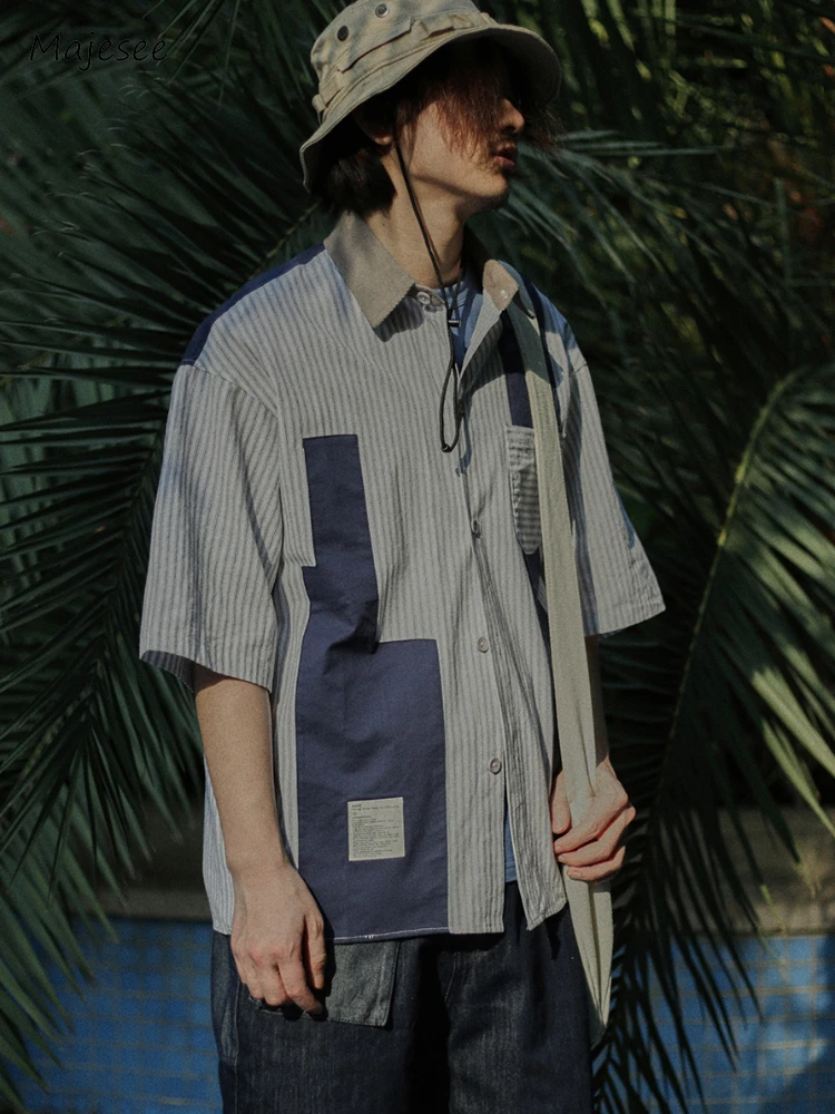 

Striped Shirts Men Summer Casual Japanese Style Loose Daily Harajuku Fashion Simple Pockets Turn-down Collar Half Sleeve Chic