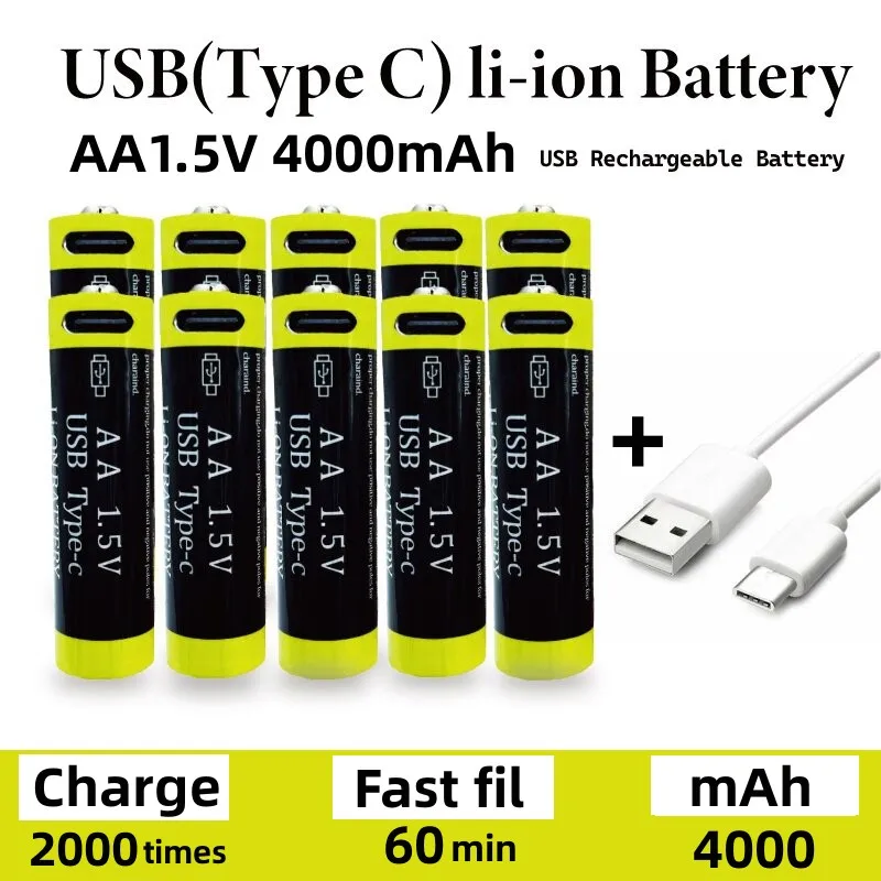 

Fast Charging 1.5V AA Lithium Ion Battery with 4000mah Capacity and USB Rechargeable Lithium USB Battery for Toy Keyboard