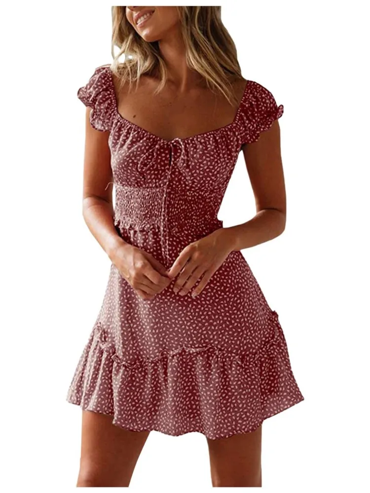 2025 Women's Sexy Ruched Printed Mini Dresses Short Sleeve Heart Neckline Lace Up Short Dress Vintage Boho Floral Summer Dress