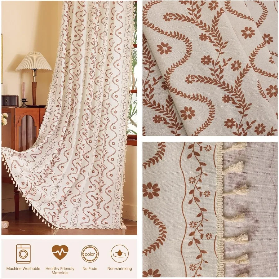 بوهو مزرعة الستائر لغرفة المعيشة 2 لوحات الكتان الأزهار الخريف الستائر 84 بوصة طويلة الخصوصية البلد الكرمة نمط غرفة نوم #5