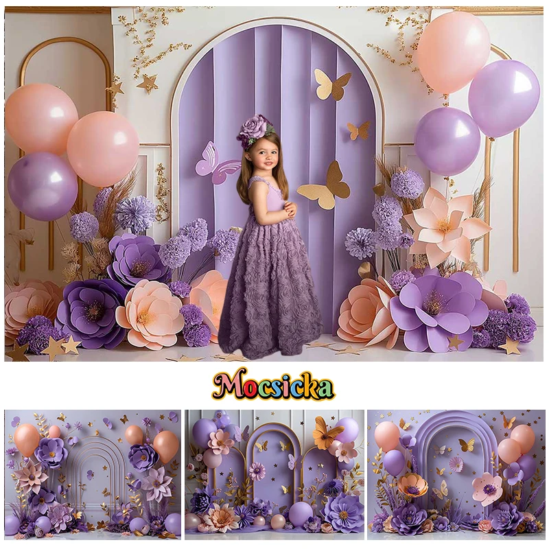 

Mocsicka Photography Background Purple Floral Butterfly Balloon Girl Birthday Cake Smash Portrait Decor Backdrop Photo Studio