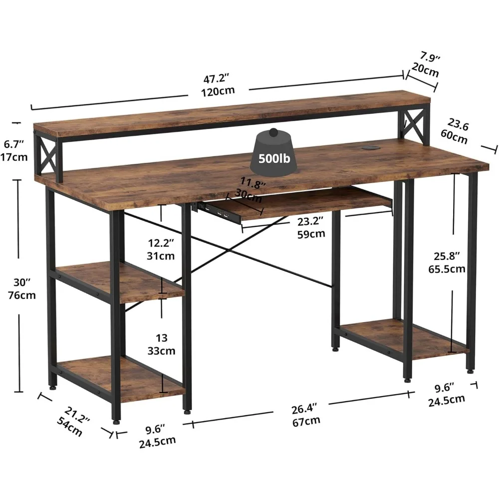 Computer Desk 47", Home Office Desk with Keyboard Tray, Monitor Stand, Storage Shelf, Industrial Studying Writing Table