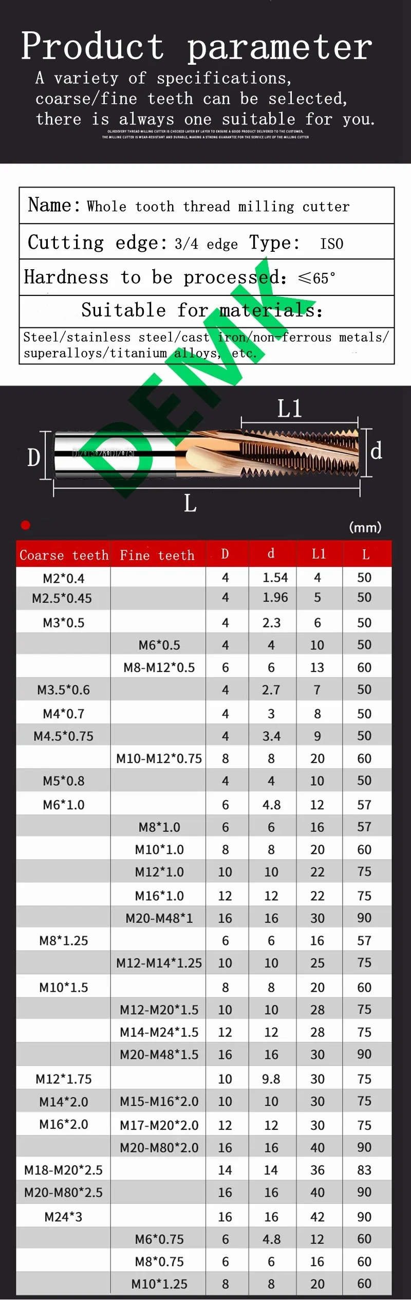 1pcs Thread Milling M1 M1.2 M1.4 M1.6 M2 M2.5 M3-M24 CNC HRC 60 Degree carbide Single tooth Solid carbide thread Milling cutter