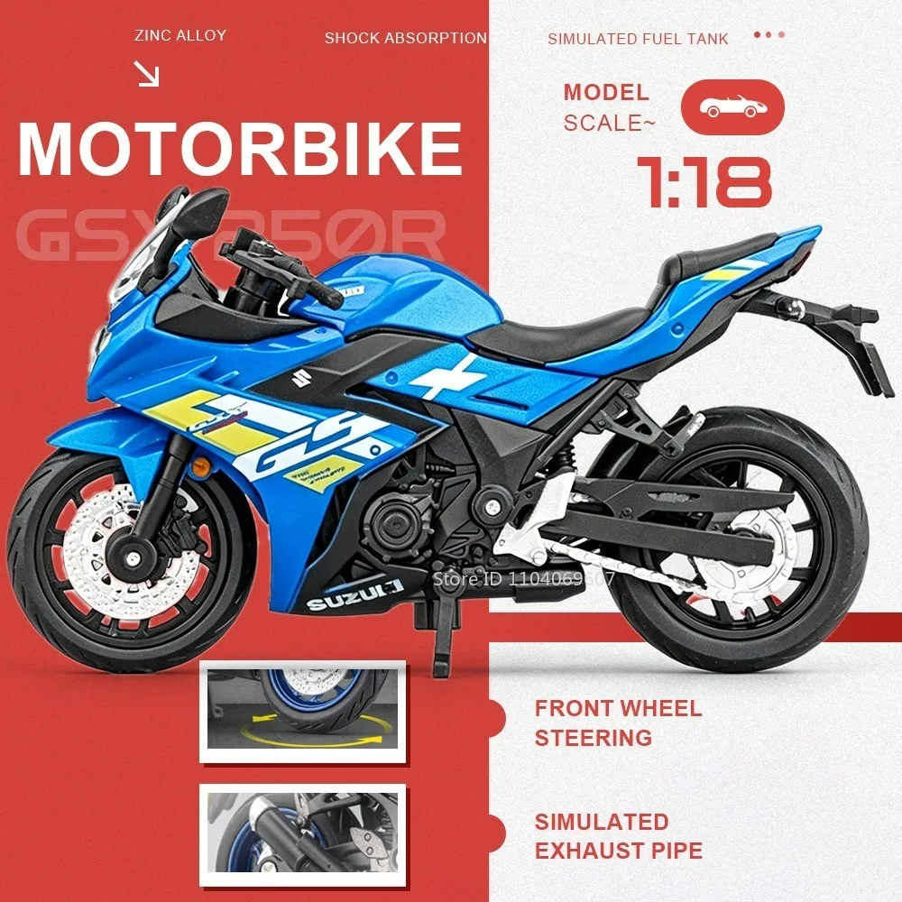 

1:18 Model Toy Motorcycle GSX250R H2R R3 Metal Diecast Miniature Motorbike Front Wheel Steering Shock Absorption Home Decoration