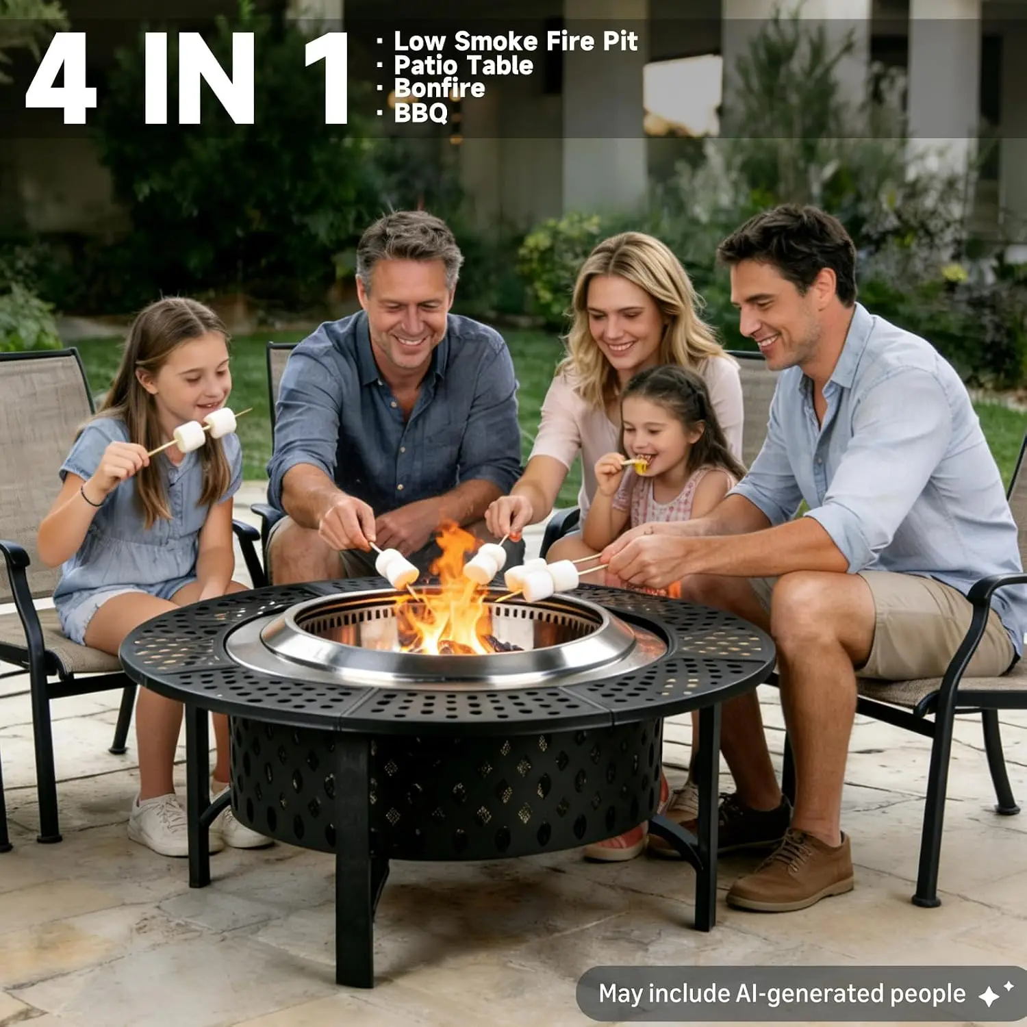 Wood Burning Fire Pit for Outside,Heavy Duty Firepit,BBQ& Outdoor Firepit & Round Tabletop 4 in 1[No Waterproof Cover
