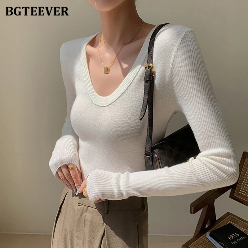 BGTEEVER Autumn Winter Long Sleeve Slim Knitted Pullovers Female Casual Basic U-neck Women Sweaters Jumpers Ladies Kniwear
