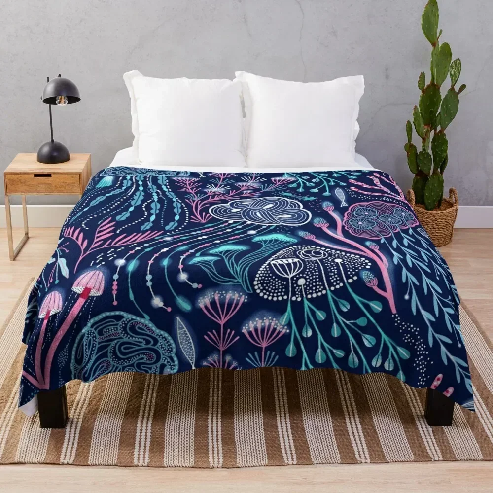 Bioluminescence jellyfish, mushrooms, mercat and corals Throw Blanket