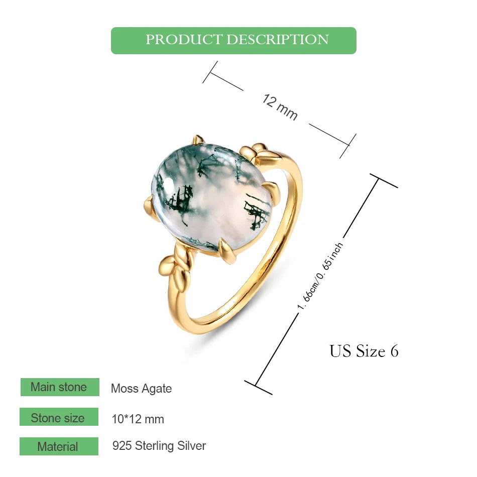 WES فريد البيضاوي 10*12 مللي متر العقيق الطحلب الطبيعي خواتم للمرأة 925 الفضة خمر غرامة مجوهرات مطلية بالذهب هدية الخطوبة بالجملة #3