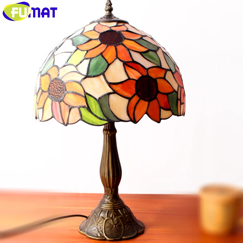 FUAMT Stained Glass Table Lamps Vintage Sunflower Desk Lamp Living Room Bedside Lamp Brushed Nickel Glass Lamp Light Fixtrues