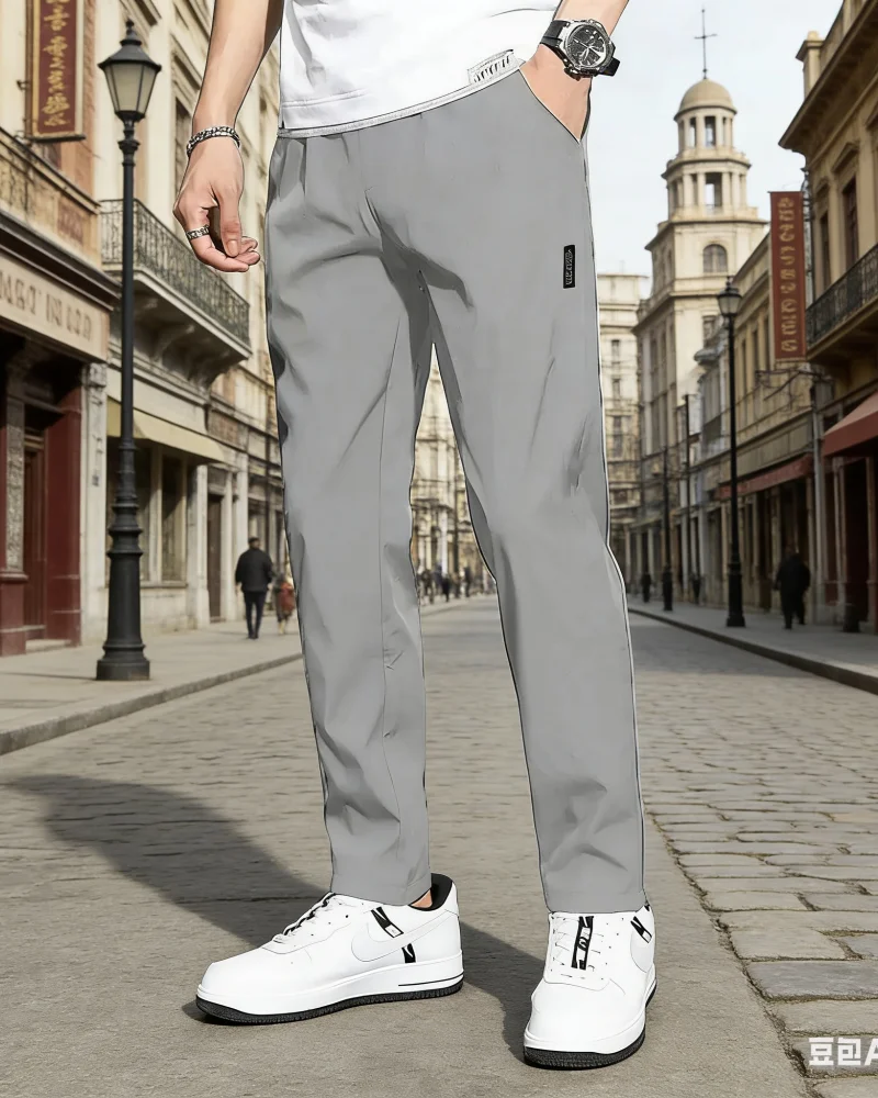 Men's Business Casual Sports Pants Thin Breathable Stretch Straight Long Trousers Black Gray