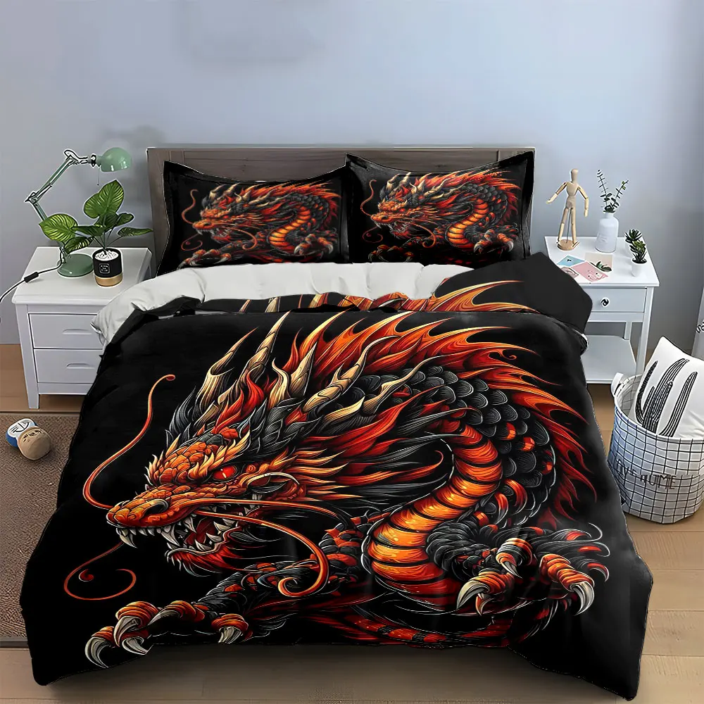 Chinese Red Fire Oriental Dragon Duvet Cover Set, Black Traditional Tattoo Bedding Includes 1 Duvet Cover And 2 Pillowcase,Gift