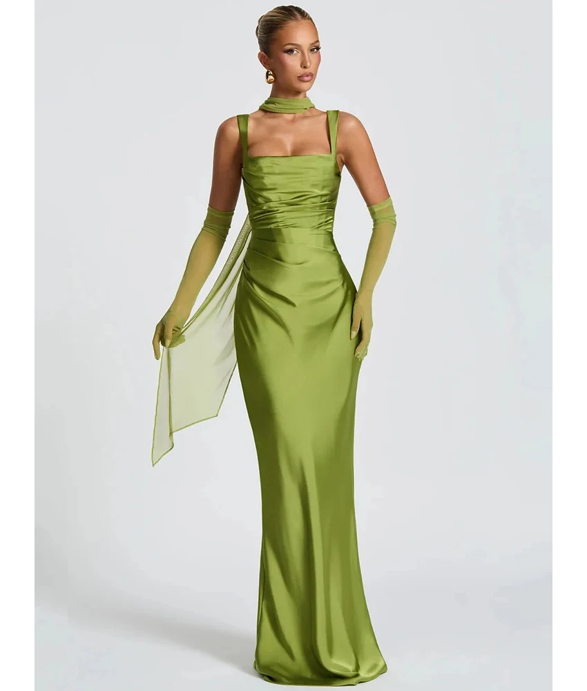 

Customized Sexy Satin Mermaid Spaghetti Straps Ribbons Detachable Sleeve Evening Dress Fashion Strapless Sleeveless Prom Gowns