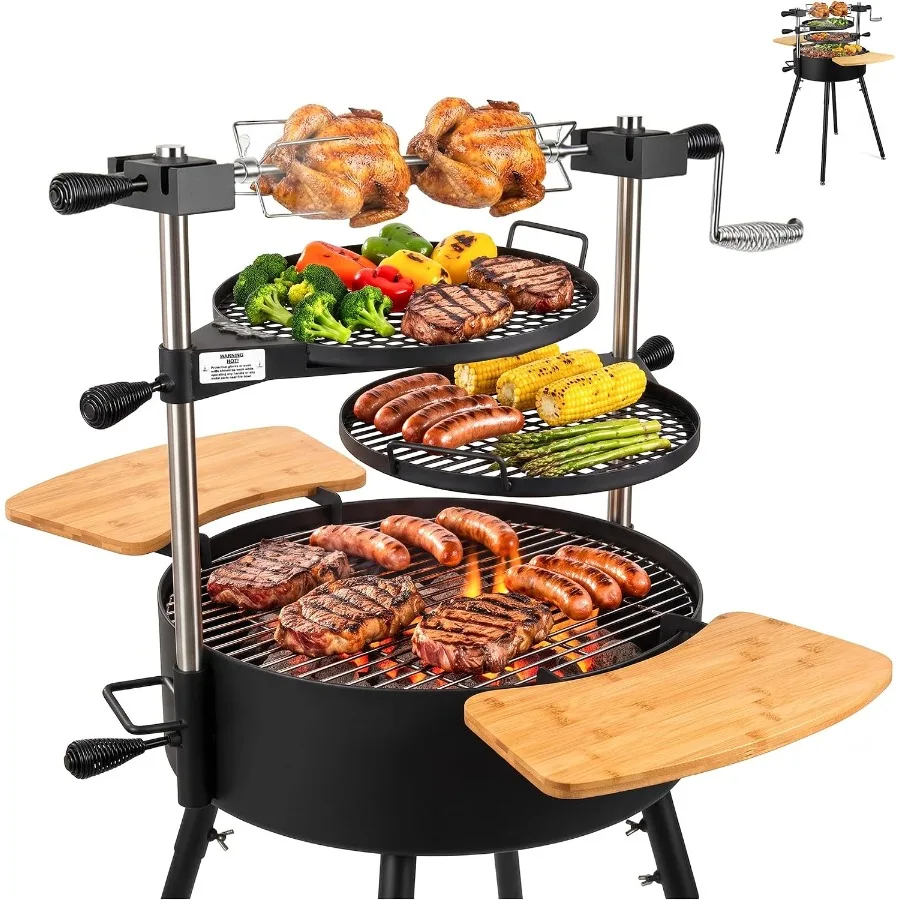 Santa Maria Grill, Portable Argentinian Parrilla with Adjustable Height and 360° Rotating Grates, Charcoal Open Fire BBQ Grill
