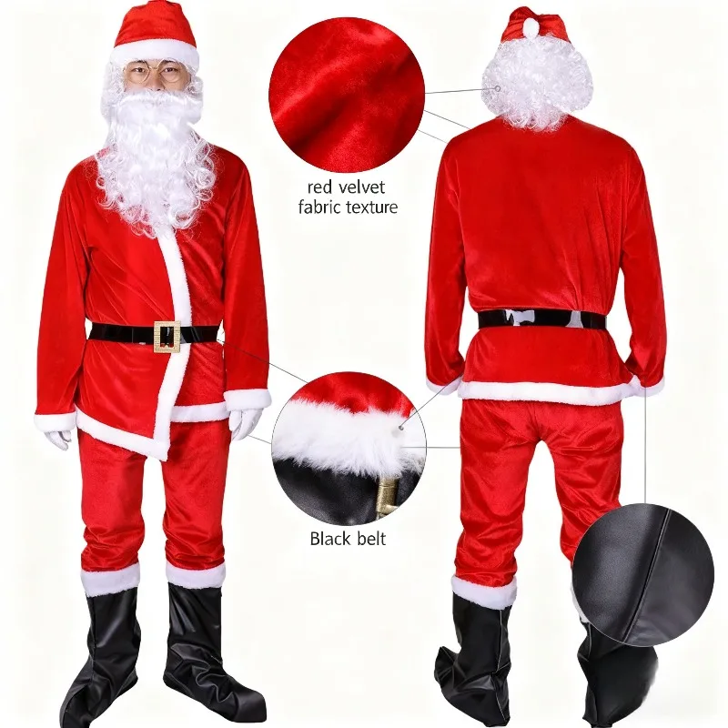Conjunto de disfraz de Papá Noel, traje de Navidad de terciopelo rojo con sombrero, cinturón de barba, guantes, traje festivo de Cosplay para fiesta de Navidad para hombres