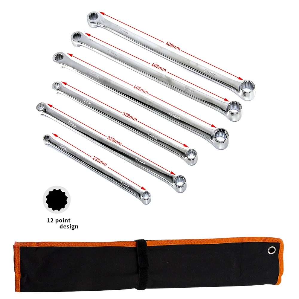 

Set 6 Stks Extra Lange Dubbele Ring Doos Eindsleutel Luchtvaartsleutel Set Sterke Power Minder Inspanning Metrisch 8mm-21mm