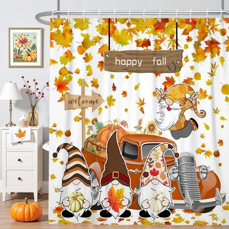 Autumn Maple Leaf Vintage Truck Pumpkin Gnome Shower Curtain No Drilling Bathroom Decor Set with 12 Hooks Cartoon