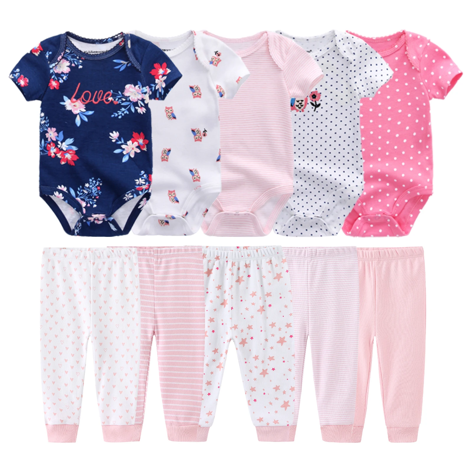 kiddiezoom 10Pcs 0-12M Mixed Print Baby Outfit Unisex All Season Cotton Short Sleeve Bodysuit and Leggings