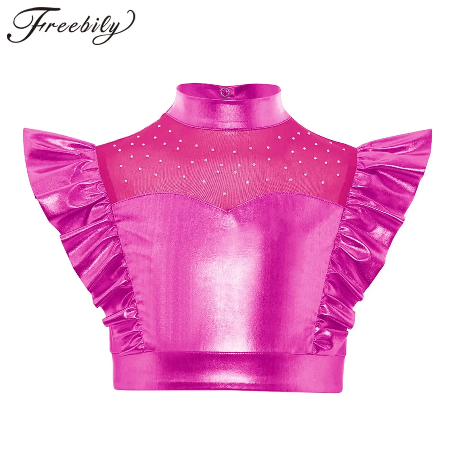 

Детские укороченные топы с рюшами для девочек, укороченные топы на бретелях с эффектом металлик, наряд для дискотеки 70-х годов, фестивальный костюм для джазовых танцев, блестящая танцевальная одежда