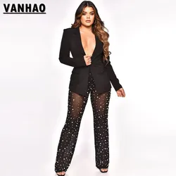 VANHAO Sexy Mesh See Through Two Piece Set Women Outfit 2023 Fashion Nail Bead Long Pants Blazer Sets Wholesale Dropshipping