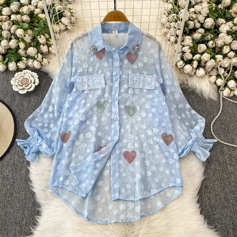 Einzigartiges Design, ohrförmiger Strass-Umlegekragen, Laternenärmel, Sonnenschutzhemd für Damen, Sommer, locker, mittellang