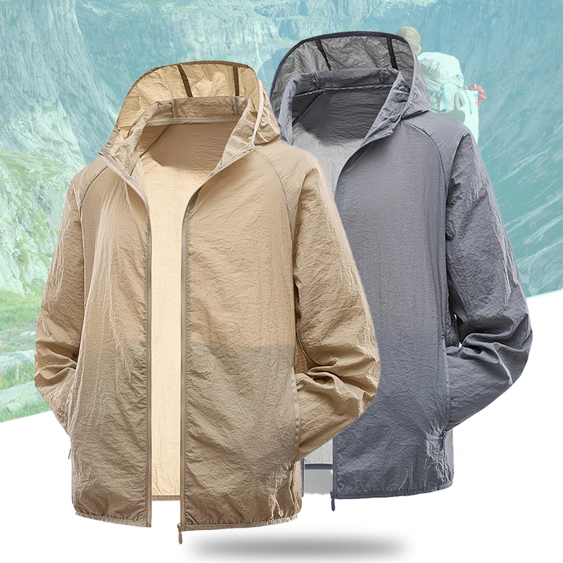 

(M-5XL) Мужская солнцезащитная походная куртка UPF50+, легкая ветровка с капюшоном, дышащая и упакованная для треккинга, бега, путешествий