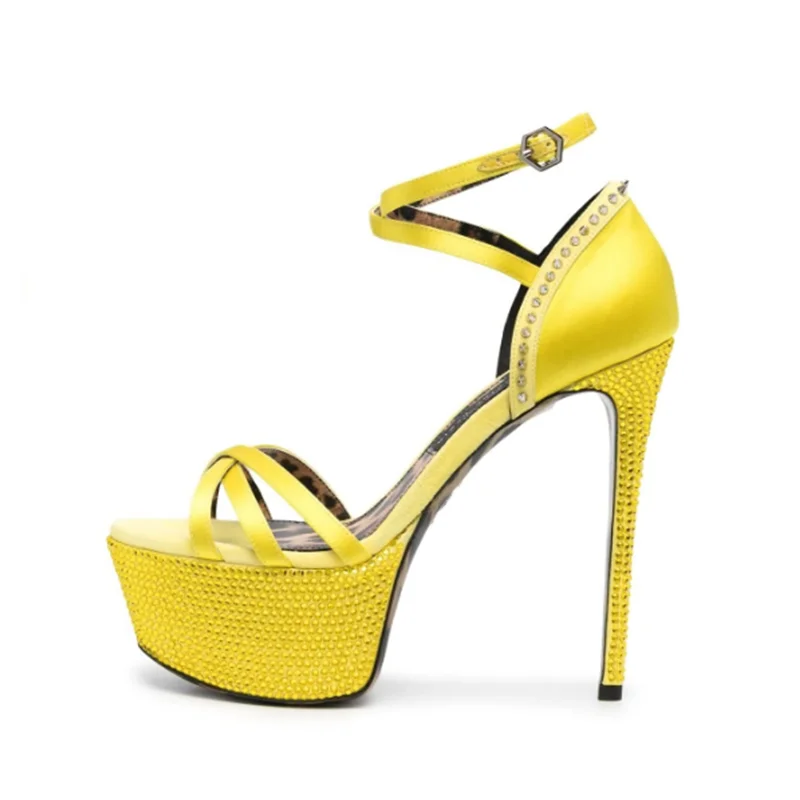 

Sexy Rhinstone Embellished Satin Platform Sandals Open Toe Buckle Strap Rivets Stiletto High Heels Female Banquet Shoes Yellow