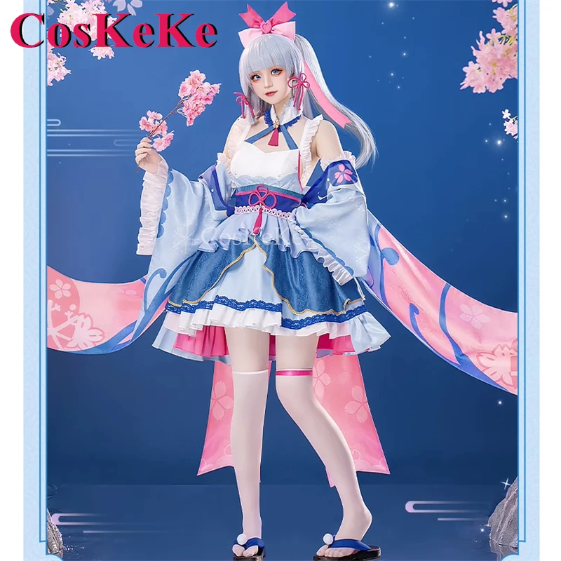 CosKeKe Kamisato Ayaka Cosplay Game Genshin Impact Costume Cherry Blowing Snow Sweet Dress Halloween Party Role Play Clothing