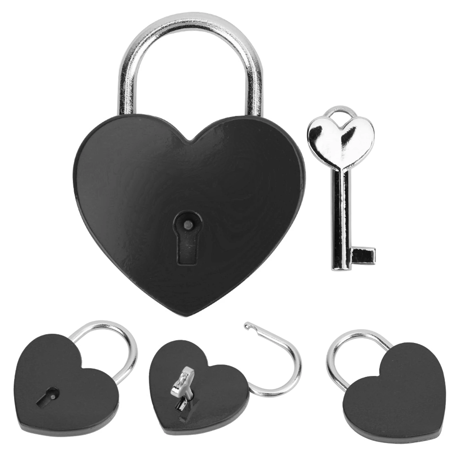 ZK40 Heart Lock Metal Colorful Exquisite Padlock Household Craft Supplies with Key 45x59mmBlack