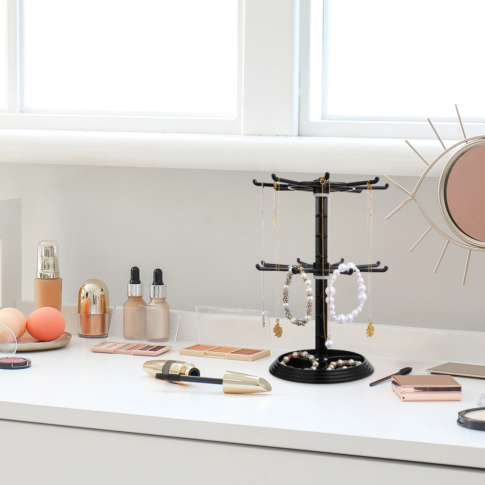 Supporto rotante in plastica Scaffale per collane nero a 2 strati Portachiavi Display Porta gioielli Accessori per riporre il desktop ganizing