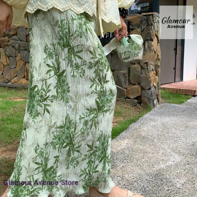 French green print fresh literary design sense half-length skirt women's summer new fashion high waist slim temperament skirt.