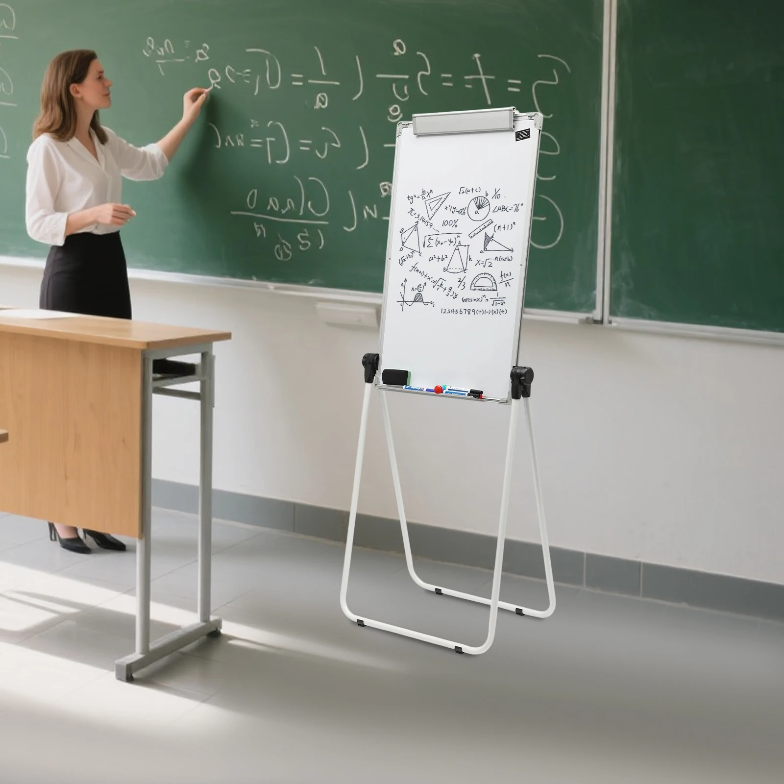 Wit aluminiumlegering 36x24 inch dubbelzijdig whiteboard 360 °   Roterende verstelbare beugel Mobiel onderwijsdemonstratiebord