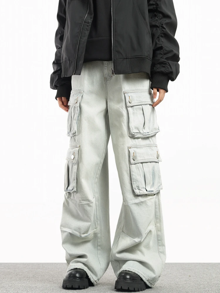 

Мужские джинсы-карго с несколькими карманами, мешковатые прямые классические светло-голубые джинсовые брюки, уличная одежда, мужские брюки в стиле хип-хоп High Street