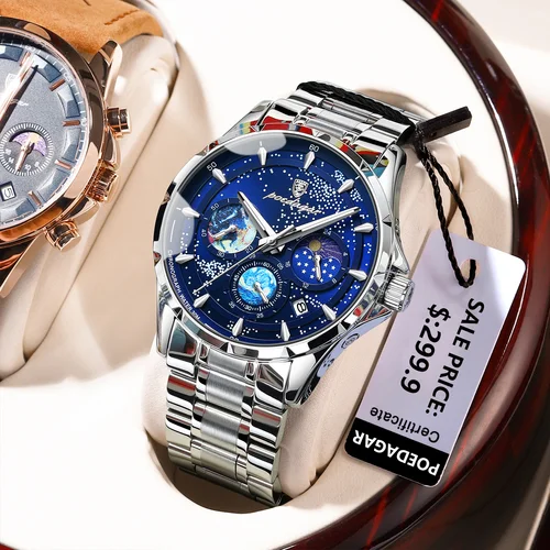 Imagen 2 del producto Reloj POEDAGAR de cuarzo de lujo para hombre, cronógrafo con fecha, Reloj de acero inoxidable para hombre, relojes luminosos impermeables a la moda para hombre, Reloj