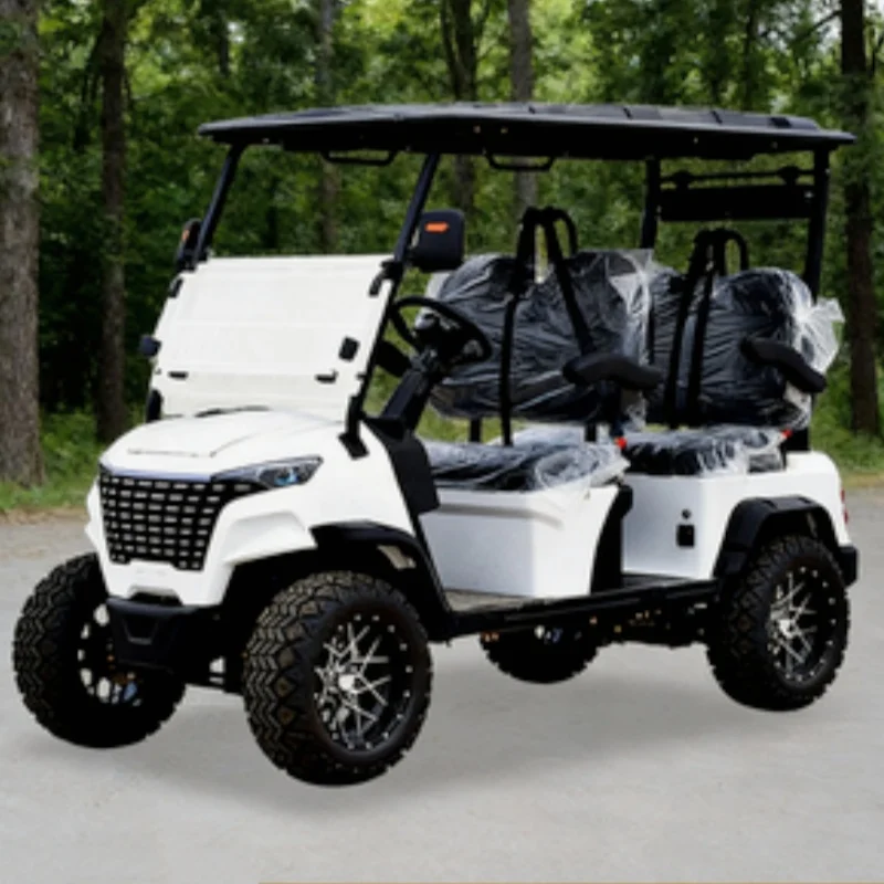 

Электрический гольф-кар для дорог общего пользования с 14-дюймовыми внедорожными шинами, сиденьями для взрослых, корзиной, подголовником и педалью управления