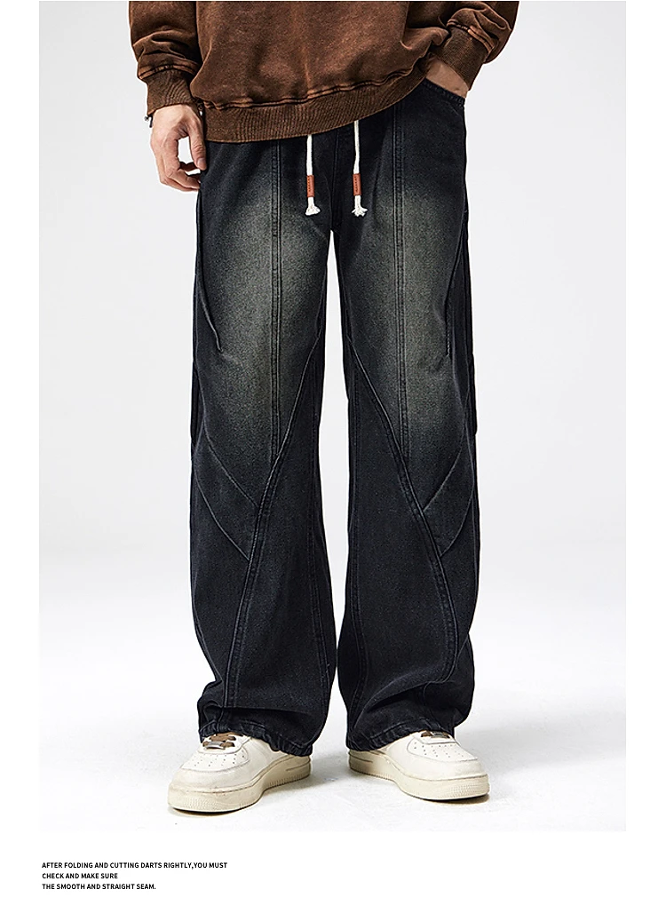 

Модные американские ретро потертые прямые мужские джинсы свободного покроя, универсальные длинные брюки с эластичной резинкой на талии, повседневные модные джинсовые джинсы