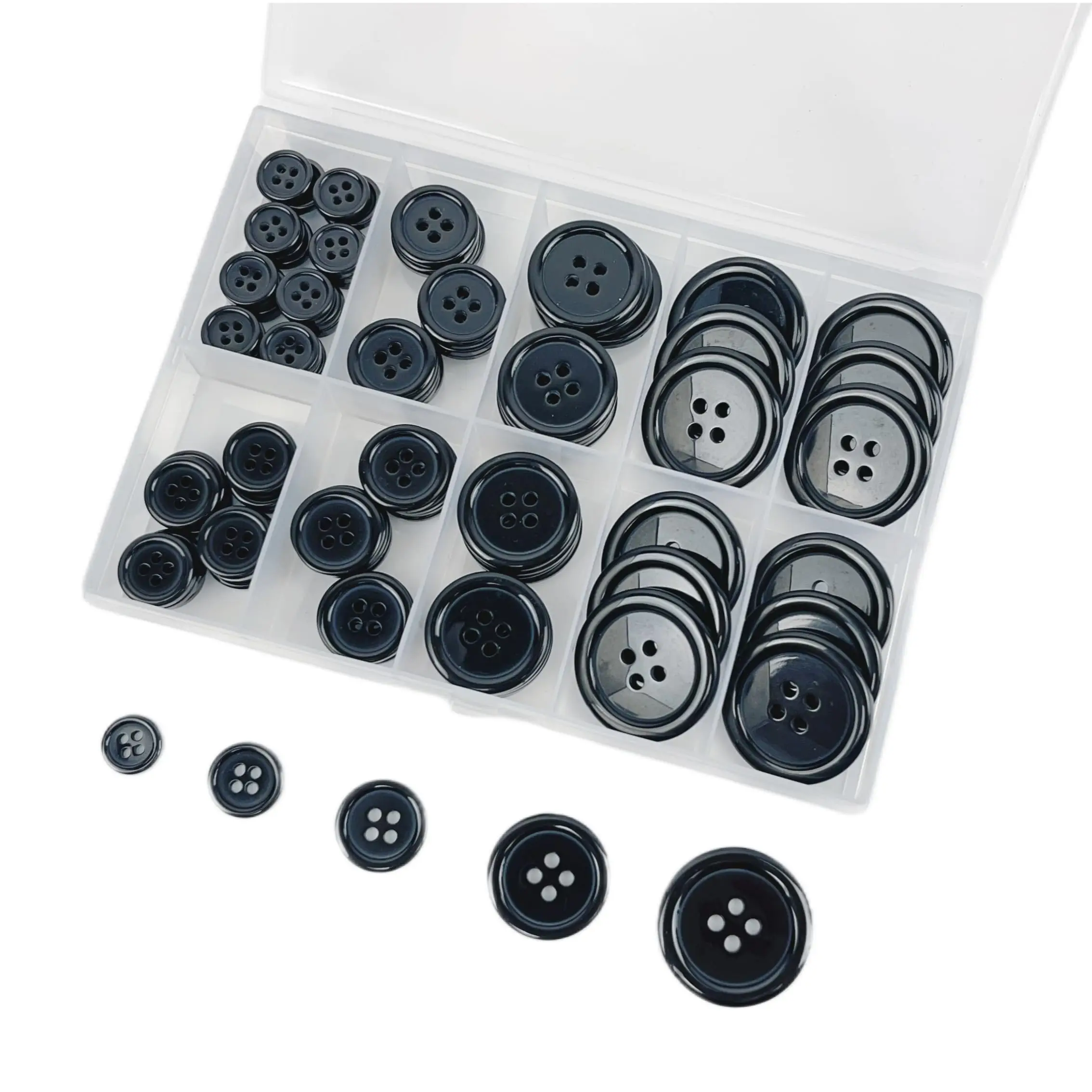 100Pcs Black Sewing Button,4-Hole Craft Buttons, 5 Sizes,with Compartment Storage Box, Suitable for Sewing,Clothes,