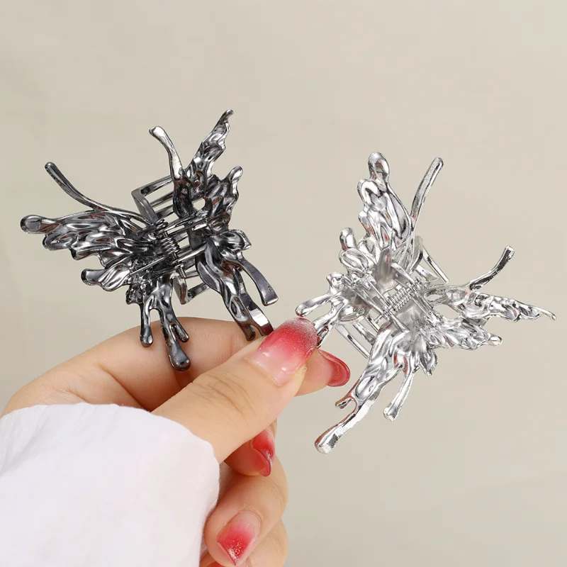 New Metal Hollow Butterfly Hair Claw Crab Bright Silver Cross Geometric Hair Clip Fashion Women Girls Liquid Alloy Hairpins