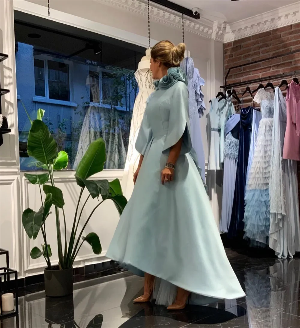 

Customized Fashion High Low Mother of The Bride Dresses A LineThree-Quarter-Sleeve Prom Gown Ruched Asymmetrical Wedding Guest P