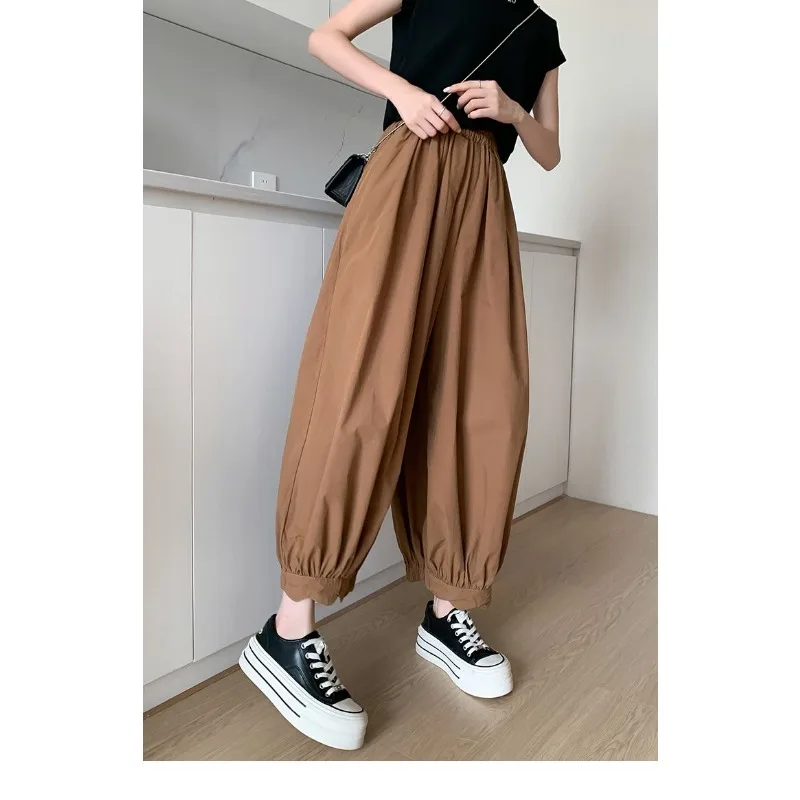 

Women Summer Thin Ice Silk Harem Pants Elastic Waist Loose Cropped Lantern Casual Sports Trousers