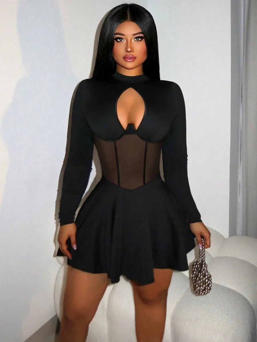 Women Black Long Sleeve Sheer Mesh Cut Out Mini Dress For Party Night Out view 4