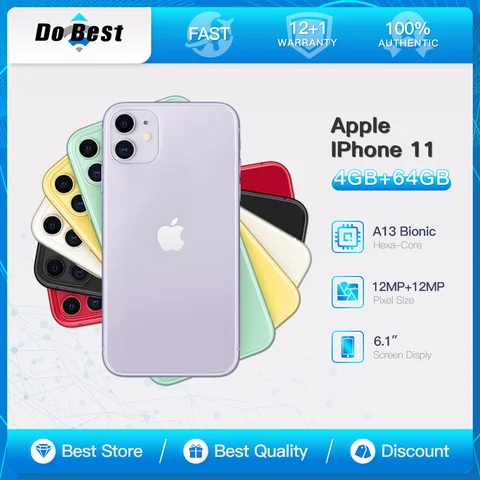 Original desbloqueado Apple iPhone 11 4G LTE teléfono móvil NFC 64/128/256GB ROM 6,1 ''pantalla IPS 12MP A13 Bionic Hexa-core teléfono móvil
