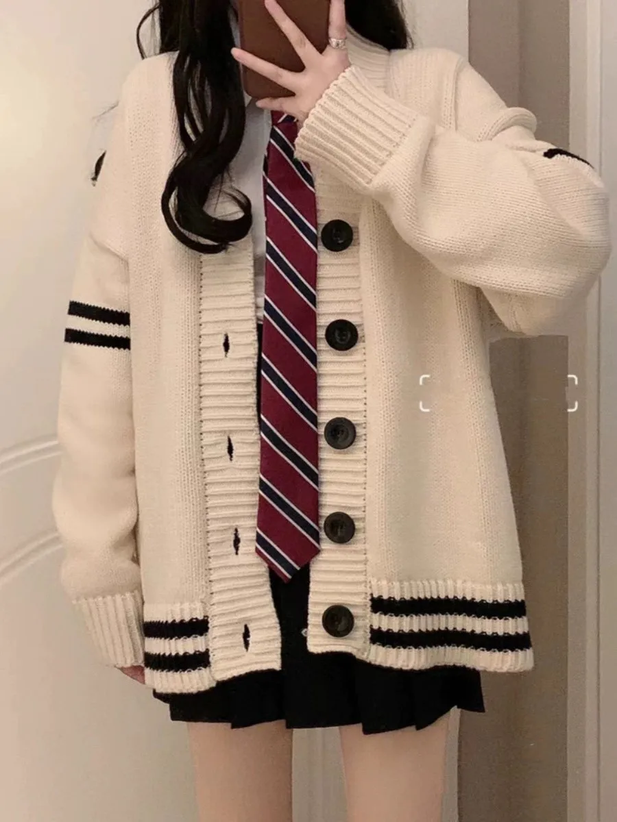 Women Varsity Cardigan with Contrast Trim V-neck Oversized Button Up Knit Sweater Jacket Teen-girl Preppy Style Jersey