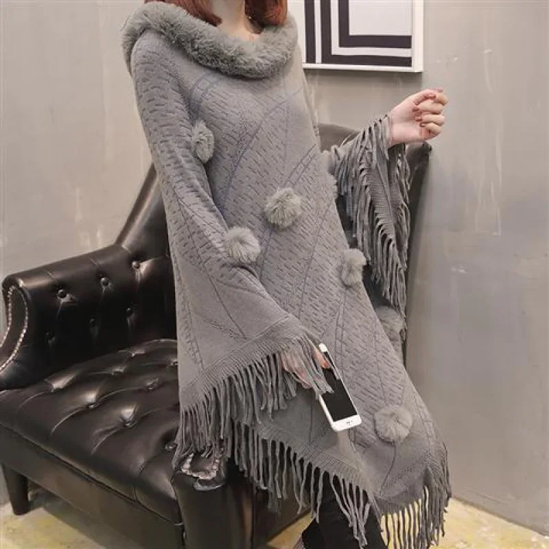 Autumn Winter Imitation Rabbit Fur Ball Women's Coat Imitation Wool Collar Pullover Shawl Warmth Poncho Capes Red Cloaks Navy