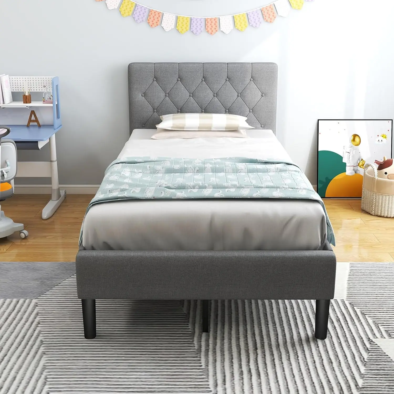 

Twin Bed Frames for Kids, Modern Upholstered Platform Bed with Button Tufted Headboard, Wooden Slats Support MattrFoundation
