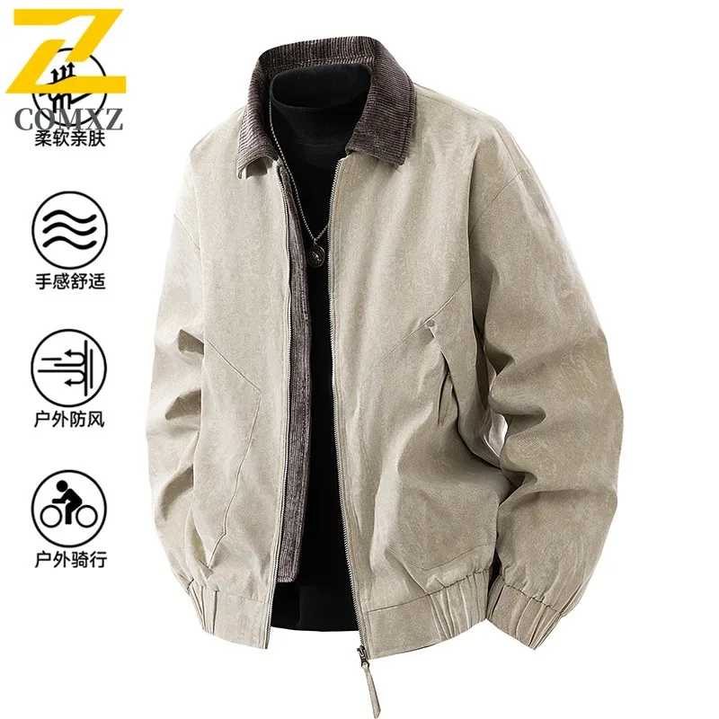 

COMXZ 2025, стильное потертое тканевое вельветовое пальто с отложным воротником, мужское пальто на весну и осень, свободная американская куртка